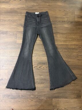 Together Washed Black Flare Jeans with Raw Hem